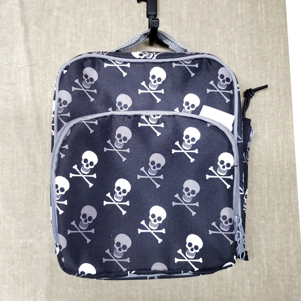 Bentology Insulated Lunch Bag Skulls Crossbones Black Grey White Zippered Pouch